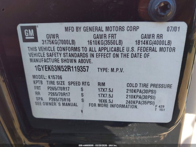 2002 CADILLAC ESCALADE 1GYEK63N52R119357 Photo 8