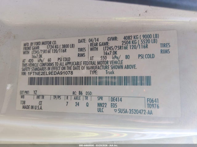 44669590 :رقم المزاد ، 1FTNE2EL9EDA91078 vin ، 2014 Ford E-250 Commercial مزاد بيع