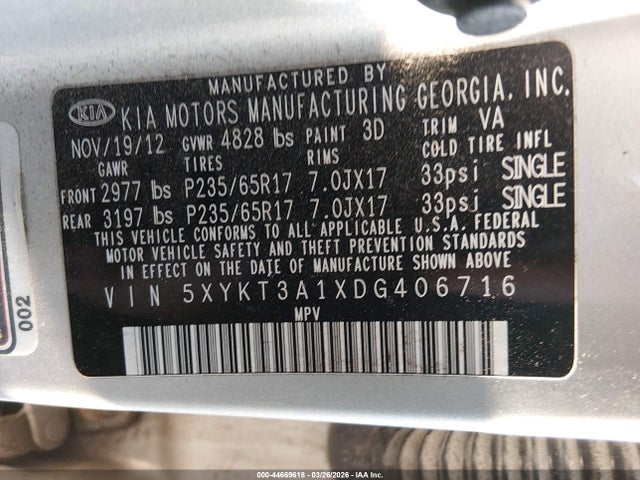 Продаж на аукціоні авто 2013 Kia Sorento Lx, vin: 5XYKT3A1XDG406716, номер лоту: 44669618