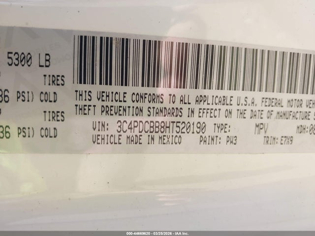 2017 Dodge Journey Sxt მანქანა იყიდება აუქციონზე, vin: 3C4PDCBB8HT520190, აუქციონის ნომერი: 44669620
