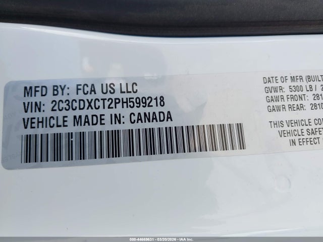 44669631 :رقم المزاد ، 2C3CDXCT2PH599218 vin ، 2023 Dodge Charger R/t مزاد بيع
