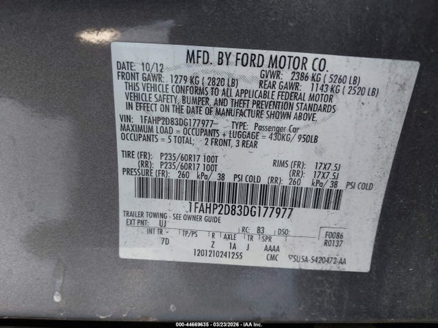 44669635 :رقم المزاد ، 1FAHP2D83DG177977 vin ، 2013 Ford Taurus Se مزاد بيع