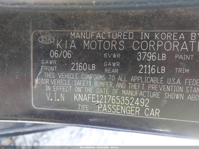 44669656 :رقم المزاد ، KNAFE121765352492 vin ، 2006 Kia Spectra Ex/lx/sx مزاد بيع