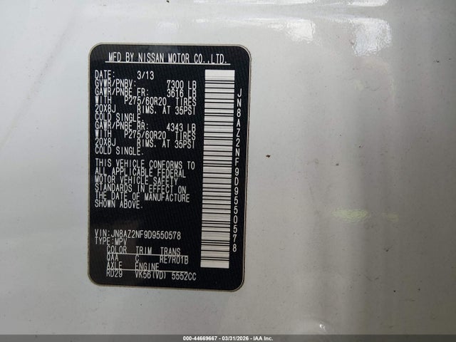 Продаж на аукціоні авто 2013 Infiniti Qx56, vin: JN8AZ2NF9D9550578, номер лоту: 44669667