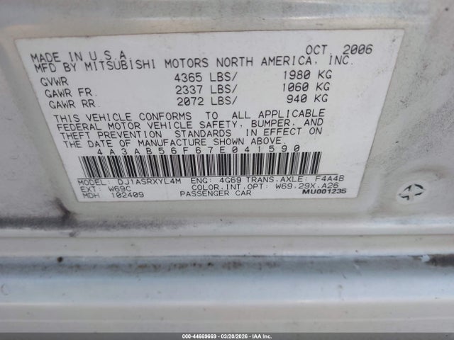 2007 MITSUBISHI GALANT 4A3AB56F67E041590 Photo 8