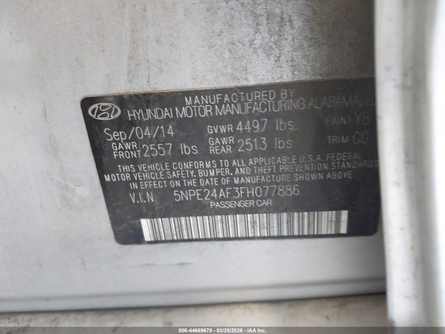 5NPE24AF3FH077886 Hyundai SONATA SE