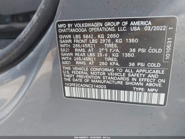 44669673 :رقم المزاد ، 1V2FE2CA0NC214003 vin ، 2022 Volkswagen Atlas Cross Sport 3.6l V6 Sel Premium R-line مزاد بيع