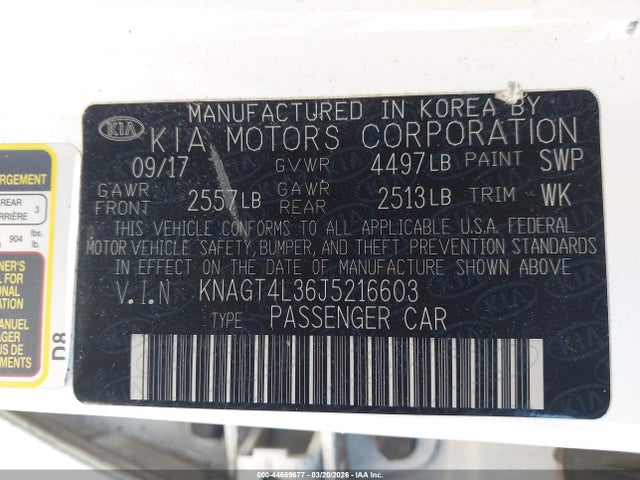 Aukcja sprzedaży 2018 Kia Optima Lx, vin: KNAGT4L36J5216603, numer aukcji: 44669677