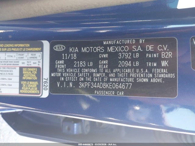 3KPF34AD8KE064677 KIA FORTE S