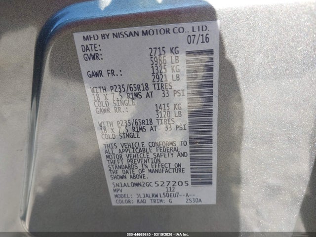 Продажа на аукционе авто 2016 Infiniti Qx60, vin: 5N1AL0MN2GC527205, номер лота: 44669680