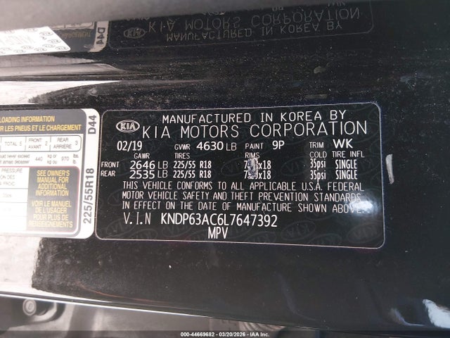 Aukcja sprzedaży 2020 Kia Sportage S, vin: KNDP63AC6L7647392, numer aukcji: 44669682