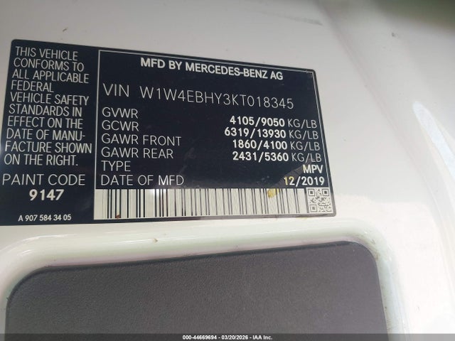 Aukcja sprzedaży 2019 Mercedes-benz Sprinter 2500 Standard Roof V6, vin: W1W4EBHY3KT018345, numer aukcji: 44669694