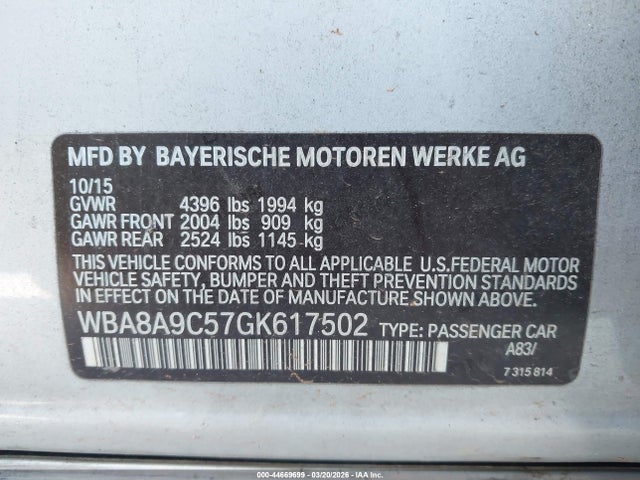 2016 Bmw 320i მანქანა იყიდება აუქციონზე, vin: WBA8A9C57GK617502, აუქციონის ნომერი: 44669699