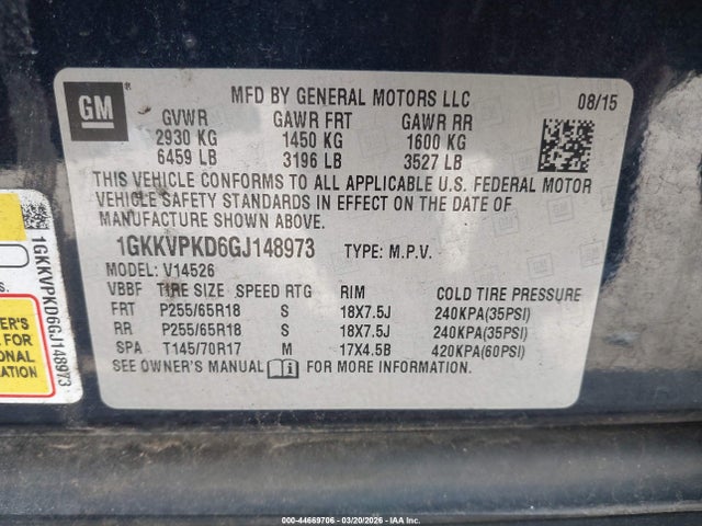 Aukcja sprzedaży 2016 Gmc Acadia Sle-2, vin: 1GKKVPKD6GJ148973, numer aukcji: 44669706