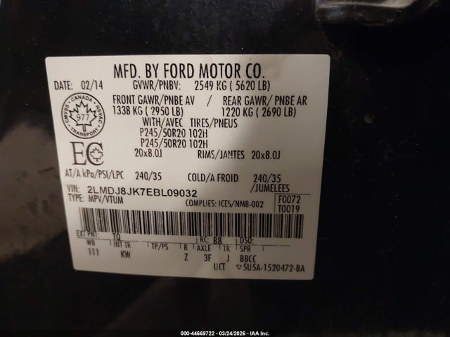Продаж на аукціоні авто 2014 Lincoln Mkx, vin: 2LMDJ8JK7EBL09032, номер лоту: 44669722