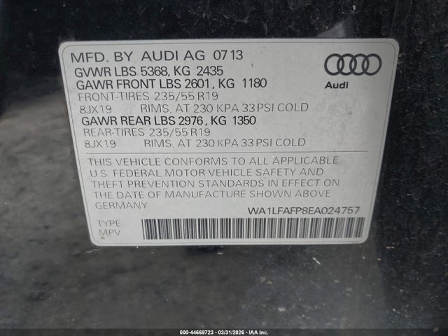 44669723 :رقم المزاد ، WA1LFAFP8EA024757 vin ، 2014 Audi Q5 2.0t Premium مزاد بيع