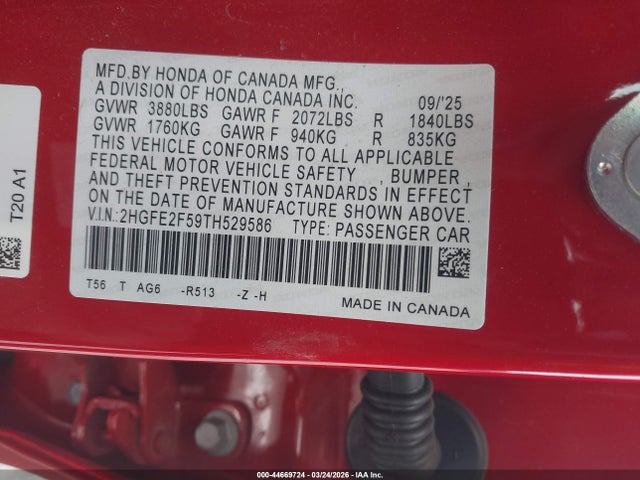 Aukcja sprzedaży 2026 Honda Civic Sport, vin: 2HGFE2F59TH529586, numer aukcji: 44669724