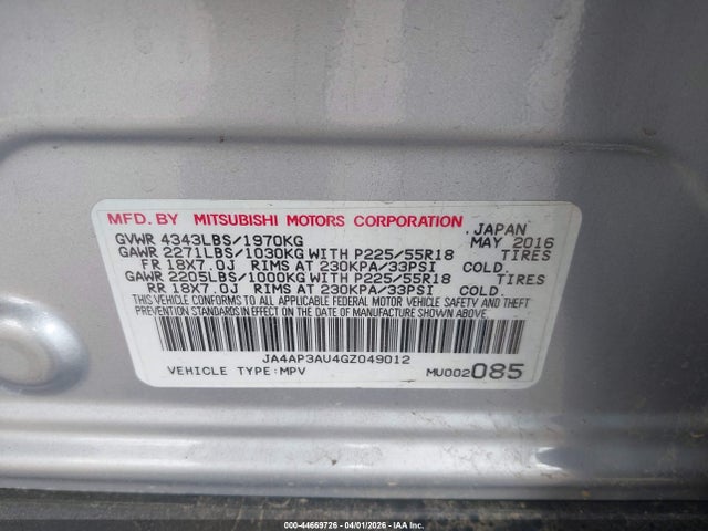 JA4AP3AU4GZ049012 Mitsubishi Outlander Sport 2.0 Es