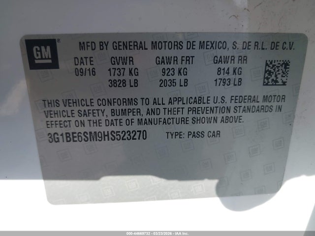 3G1BE6SM9HS523270 Chevrolet Cruze Lt Auto