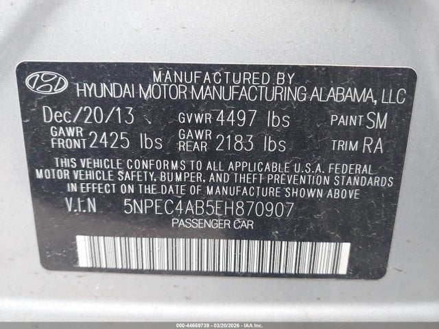 2014 Hyundai Sonata Limited 2.0t მანქანა იყიდება აუქციონზე, vin: 5NPEC4AB5EH870907, აუქციონის ნომერი: 44669739