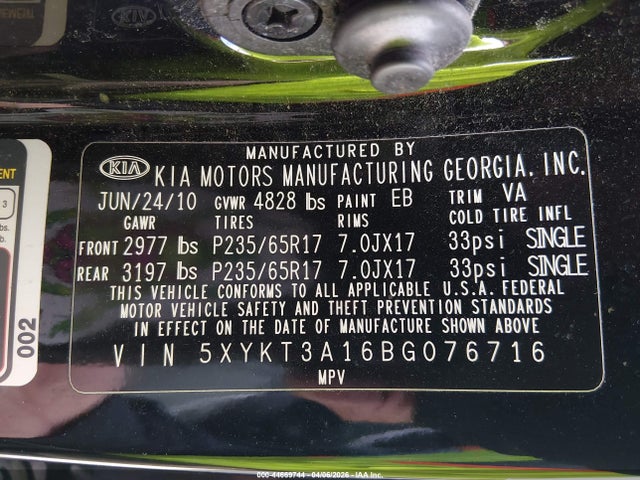 44669744 :رقم المزاد ، 5XYKT3A16BG076716 vin ، 2011 Kia Sorento Lx مزاد بيع
