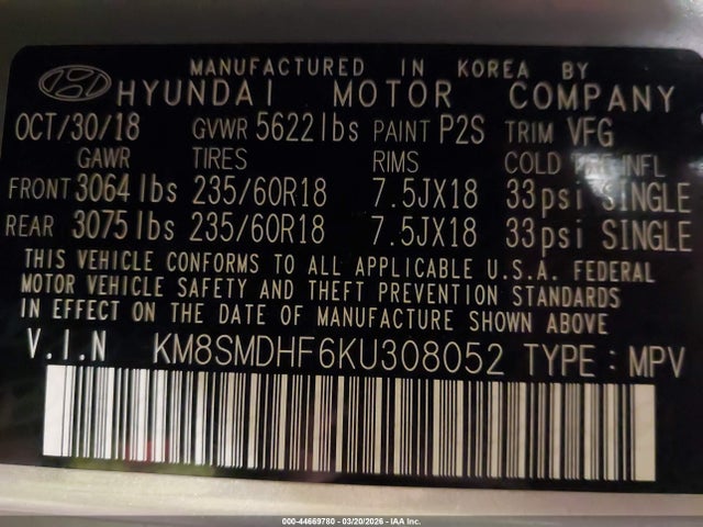 2019 Hyundai Santa Fe Xl Se მანქანა იყიდება აუქციონზე, vin: KM8SMDHF6KU308052, აუქციონის ნომერი: 44669780