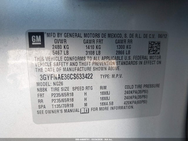 44669781 :رقم المزاد ، 3GYFNAE36CS633422 vin ، 2012 Cadillac Srx Luxury Collection مزاد بيع