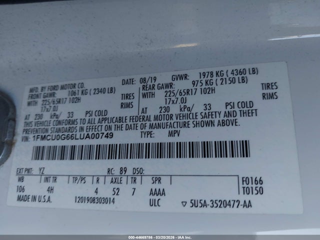 Aukcja sprzedaży 2020 Ford Escape Se, vin: 1FMCU0G66LUA00749, numer aukcji: 44669786