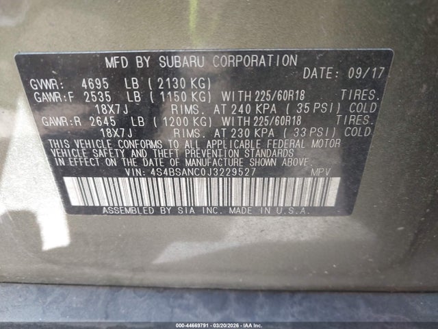 4S4BSANC0J3229527 Subaru Outback 2.5i Limited
