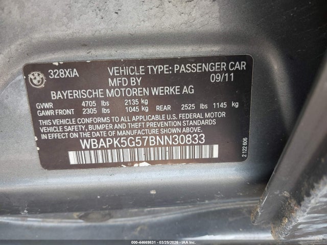 Auction sale of the 2011 Bmw 328i Xdrive, vin: WBAPK5G57BNN30833, lot number: 44669831