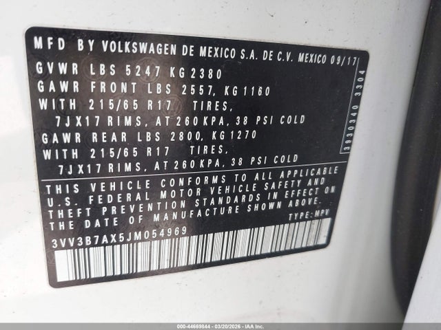 44669844 :رقم المزاد ، 3VV3B7AX5JM054969 vin ، 2018 Volkswagen Tiguan 2.0t Se/2.0t Sel مزاد بيع