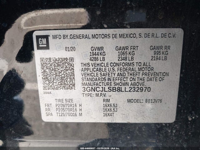3GNCJLSB8LL232970 Chevrolet Trax Fwd Lt