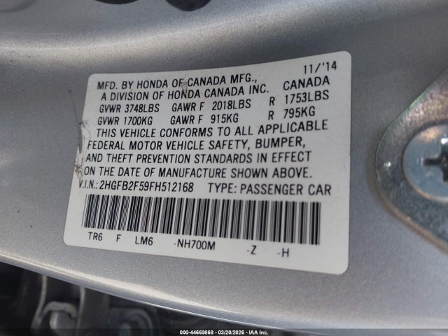 Honda Civic Lx 2015 2HGFB2F59FH512168 Image 9
