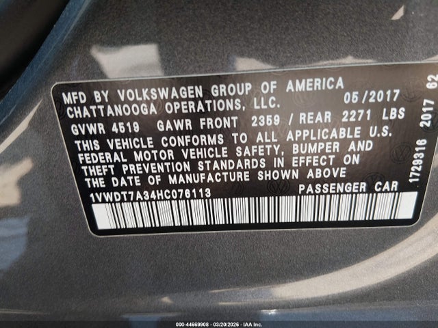 44669908 :رقم المزاد ، 1VWDT7A34HC076113 vin ، 2017 Volkswagen Passat 1.8t R-line مزاد بيع