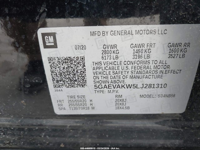 44669910 :رقم المزاد ، 5GAEVAKW5LJ281310 vin ، 2020 Buick Enclave Awd Essence مزاد بيع