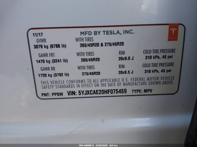 44669912 :رقم المزاد ، 5YJXCAE20HF075459 vin ، 2017 Tesla Model X 100d/75d/90d مزاد بيع