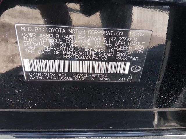 2010 Lexus Es 350 მანქანა იყიდება აუქციონზე, vin: JTHBK1EG8A2354108, აუქციონის ნომერი: 44669923