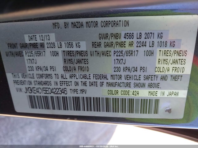 Aukcja sprzedaży 2014 Mazda Cx-5 Touring, vin: JM3KE4CY5E0422346, numer aukcji: 44669931