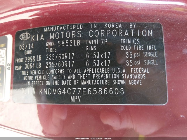 KIA SEDONA LX 2014 KNDMG4C77E6586603 Image 9