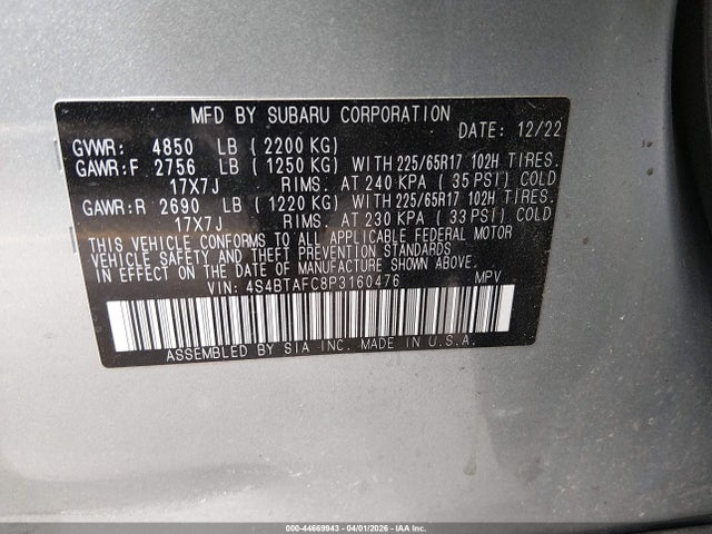 44669943 :رقم المزاد ، 4S4BTAFC8P3160476 vin ، 2023 Subaru Outback Premium مزاد بيع