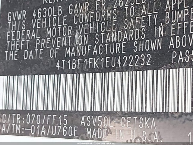4T1BF1FK1EU422232 Toyota CAMRY SE
