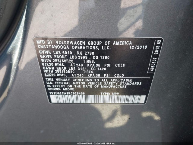 Продаж на аукціоні авто 2019 Volkswagen Atlas 3.6l V6 Se W/technology, vin: 1V2UR2CA9KC525436, номер лоту: 44670006