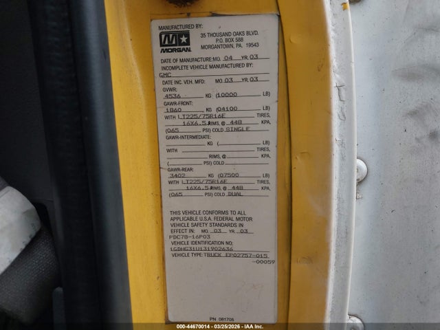 Продажа на аукционе авто 2003 Gmc Savana Cutaway Standard W/c7a, vin: 1GDHG31U131902636, номер лота: 44670014