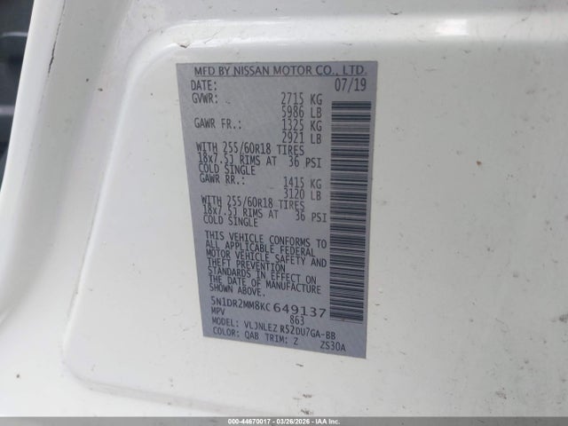 Nissan Pathfinder Sv 2019 5N1DR2MM8KC649137 Image 9