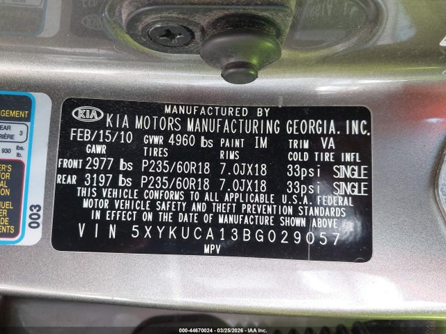 Aukcja sprzedaży 2011 Kia Sorento Ex, vin: 5XYKUCA13BG029057, numer aukcji: 44670024