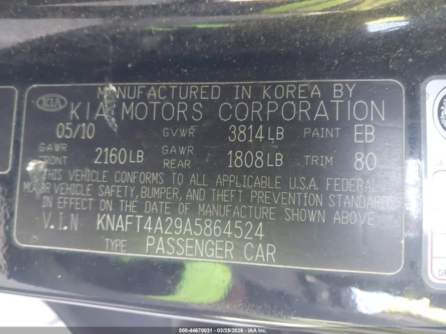 44670031 :رقم المزاد ، KNAFT4A29A5864524 vin ، 2010 Kia Forte Lx مزاد بيع