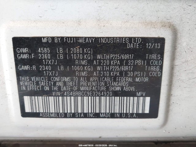 2014 Subaru Outback 2.5i Premium მანქანა იყიდება აუქციონზე, vin: 4S4BRBCC9E3264920, აუქციონის ნომერი: 44670035
