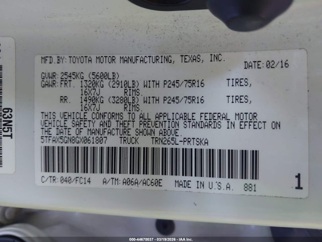 5TFAX5GN8GX061807 Toyota Tacoma Sr5