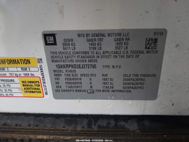 1GKKRPKD3EJ272796 GMC Acadia Sle-2