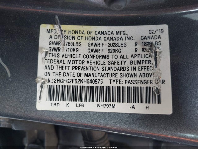 2019 Honda Civic Lx მანქანა იყიდება აუქციონზე, vin: 2HGFC2F62KH540975, აუქციონის ნომერი: 44670054